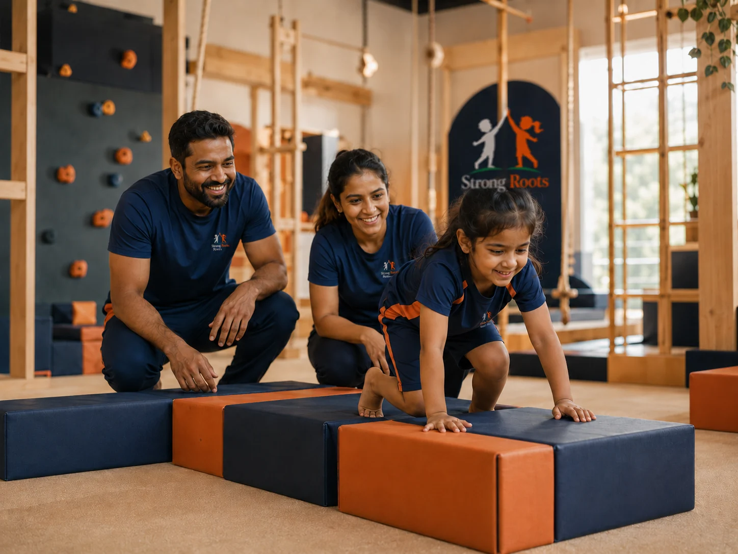 Family supporting a child during a Strong Roots activity