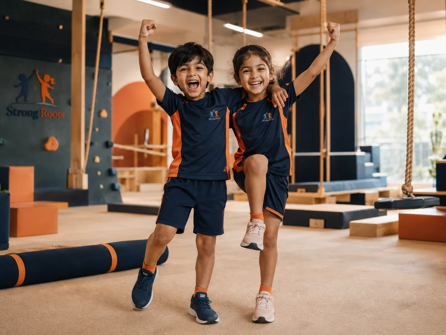 Two children celebrating after a movement challenge at Strong Roots