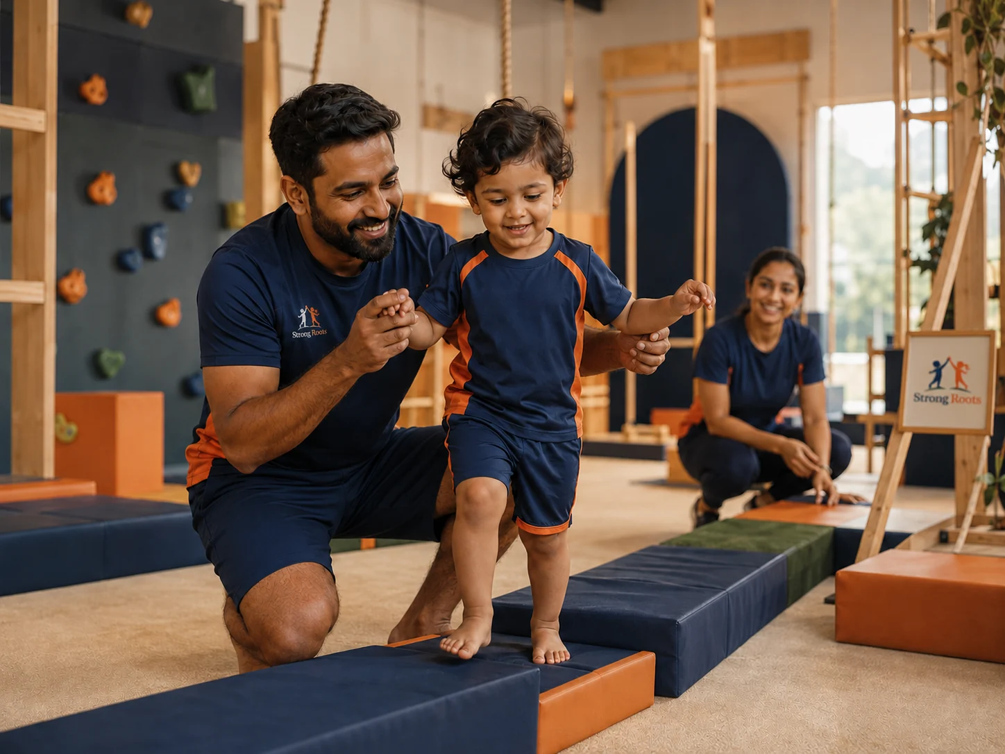 Parent supporting a toddler through a balance activity
